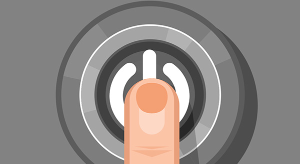 An illustration of a finger pressing a round computer power button.