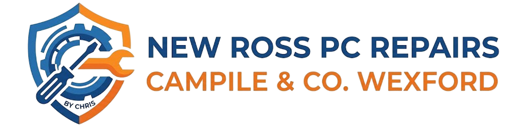 Logo for New Ross PC Repairs, a computer and laptop repair service based in Campile and New Ross, Co. Wexford. Featuring a blue and orange shield with a screwdriver and wrench.