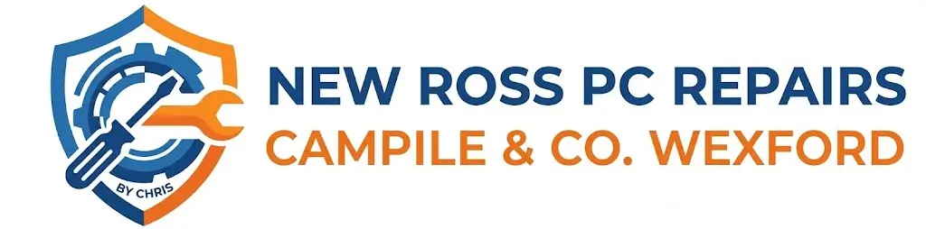 Logo for New Ross PC Repairs, a computer and laptop repair service based in Campile and New Ross, Co. Wexford. Featuring a blue and orange shield with a screwdriver and wrench.