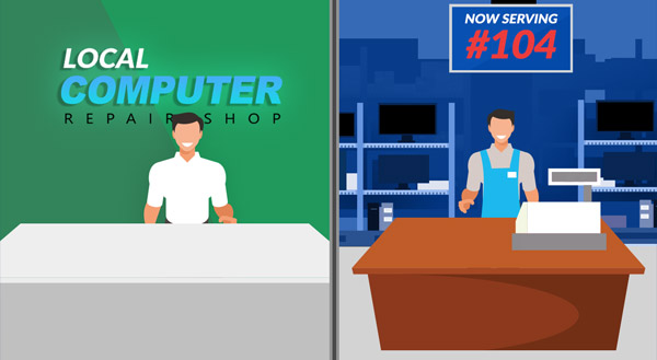 A split-screen illustration comparing a friendly local computer repair shop to an impersonal big box electronics store.