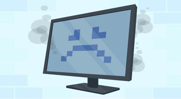 Illustration of a smoking computer monitor displaying a pixelated blue sad face error screen.
