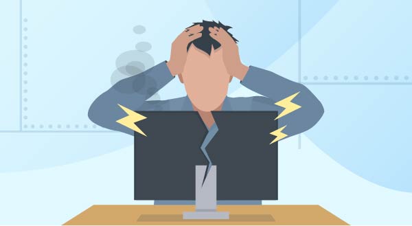 Illustration of a frustrated person holding their head in their hands behind a cracked, smoking desktop computer monitor with yellow sparks.