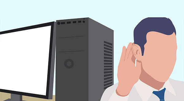 Illustration of a man cupping his hand to his ear to listen to a black desktop computer tower and a blank monitor.