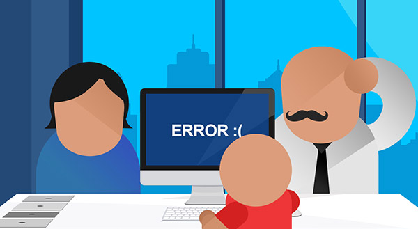 Illustration of three people looking frustrated at a desktop computer monitor displaying an error screen.
