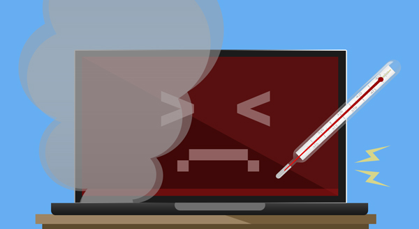 Illustration of an overheating laptop emitting gray smoke, displaying a red sad face error screen, with a thermometer and yellow sparks nearby.