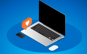 3D illustration of an open silver laptop on a blue background with an orange speech bubble containing a white heart hovering above the keyboard.