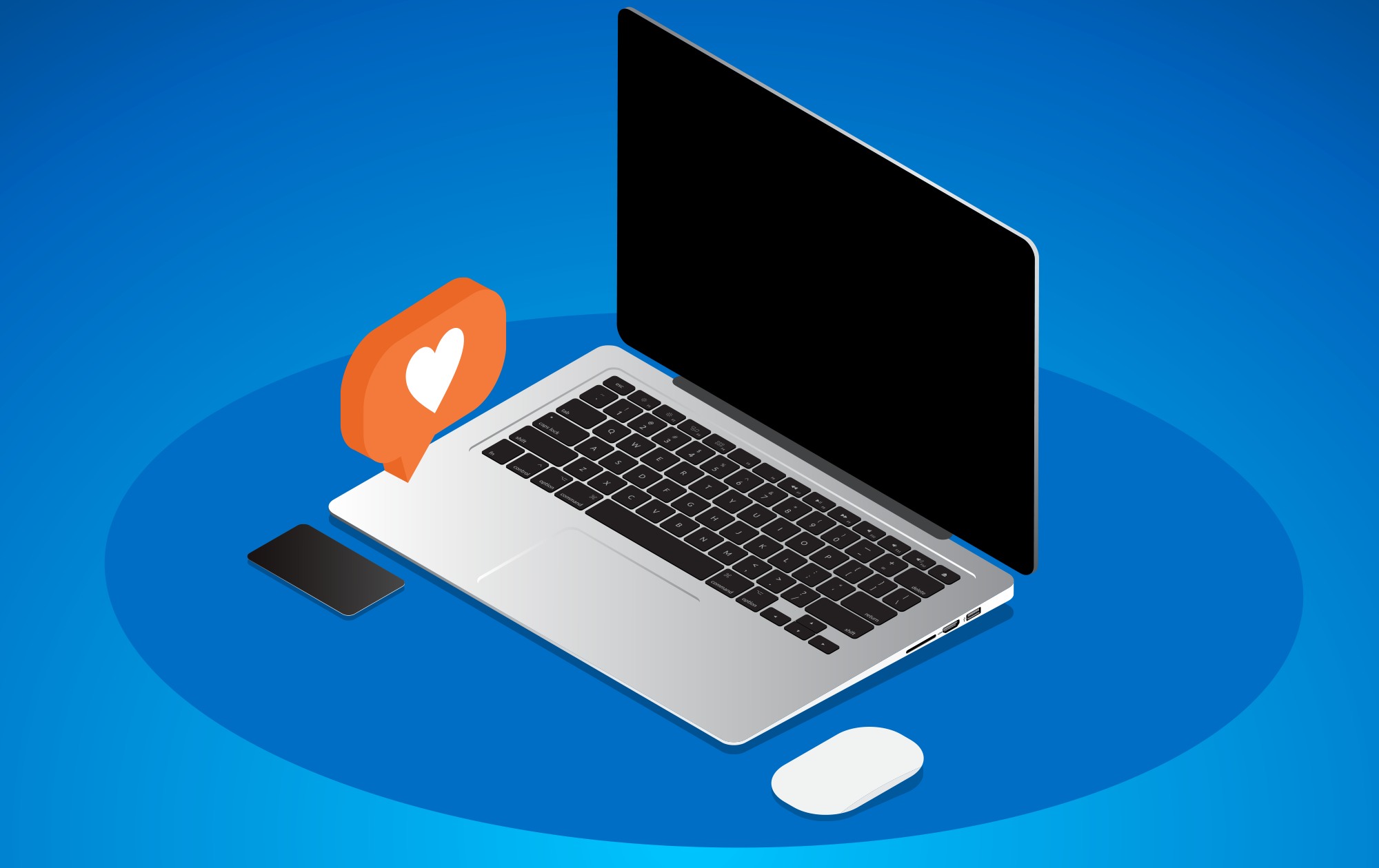 3D illustration of an open silver laptop on a blue background with an orange speech bubble containing a white heart hovering above the keyboard.