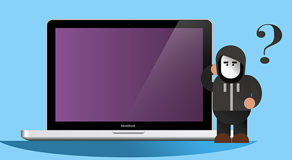 Illustration of a hooded hacker standing next to an open laptop with a purple screen and a question mark.