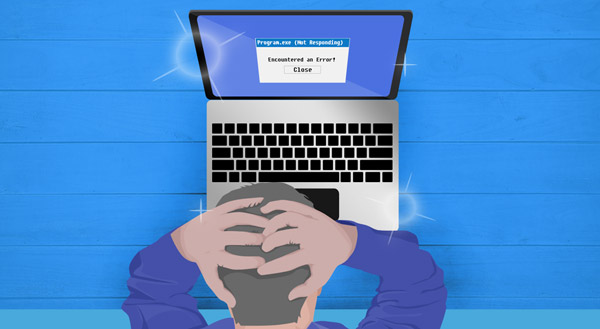 Illustration of a frustrated person holding their head while looking at a laptop displaying a 'Not Responding' error screen.