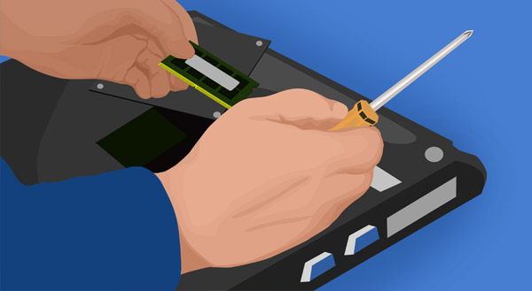 Illustration of a technician's hands holding a stick of RAM and a screwdriver over the open back panel of a laptop.