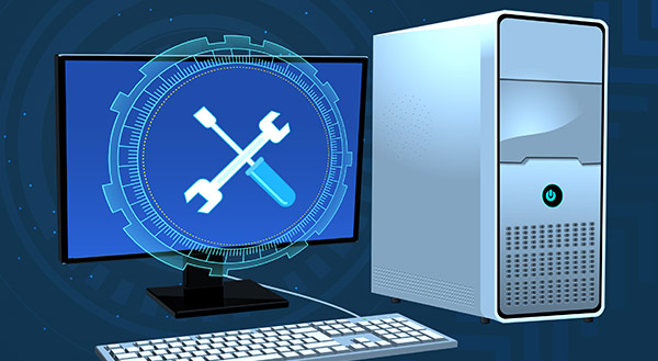 A desktop computer and monitor displaying a gear and crossed wrenches, representing remote computer repair.