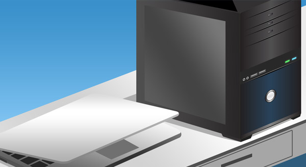 Illustration of a black desktop computer tower and a silver laptop sitting on a white desk against a blue background.