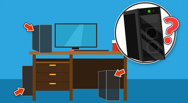 A diagram showing potential locations for a desktop PC tower around a desk, highlighting the best placement for airflow.