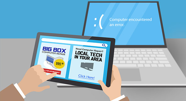 A person holding a tablet comparing a big box computer repair store with a local tech, while a broken laptop sits in the background.