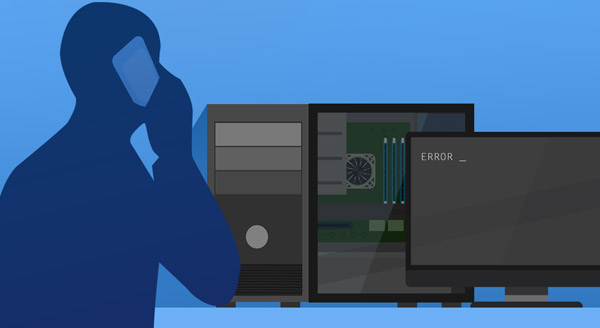 A silhouette of a business user calling for emergency IT support next to a computer displaying an error message.