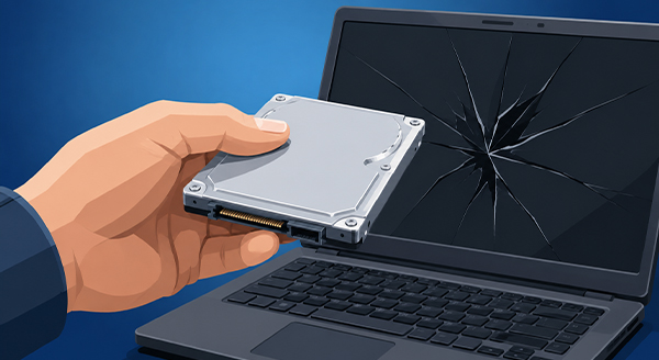 A hand holding an internal computer hard drive in front of a laptop with a shattered screen.