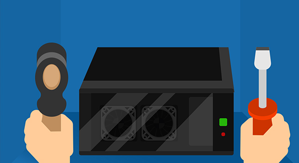 Hands holding a mallet and screwdriver in front of a desktop computer tower.