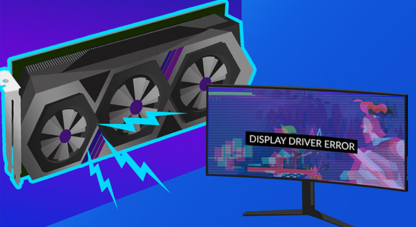 A graphics card with lightning bolts next to a computer monitor displaying a display driver error.