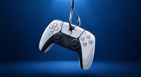 A white video game controller being pierced and hooked by a sharp metal fishing hook.