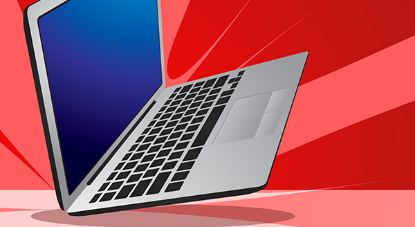 An open laptop falling backward against a red background, representing physical computer damage.