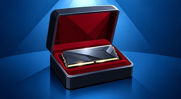 A stick of computer RAM displayed inside a luxurious red velvet jewelry box.