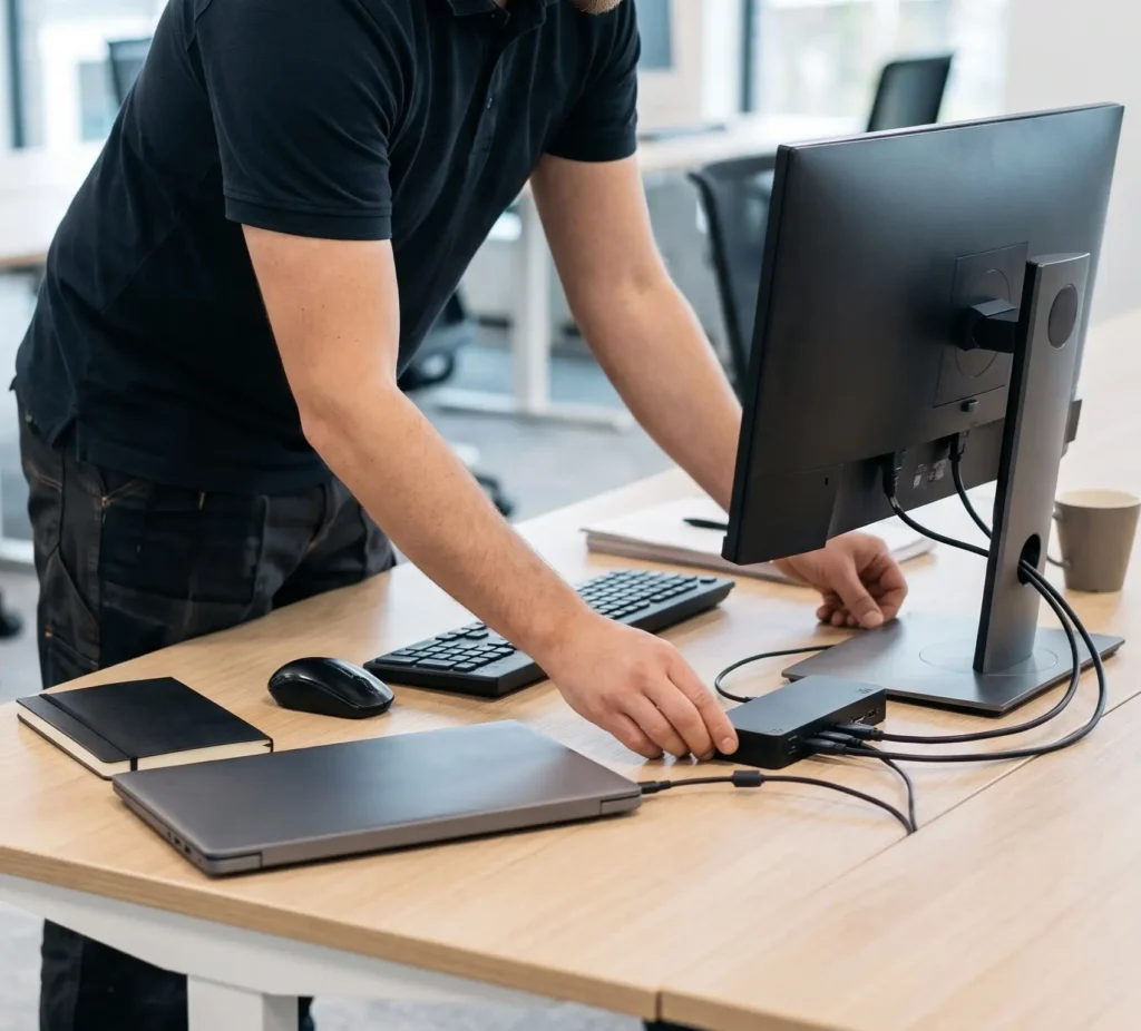 An IT technician setting up a dual-monitor workstation and laptop docking station for a small business client at New Ross PC Repairs.