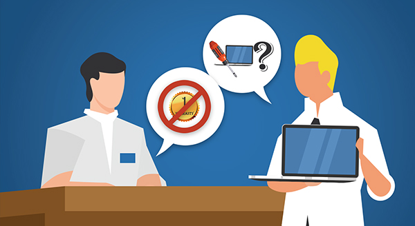 A customer speaking to a computer technician about an out-of-warranty laptop repair service.